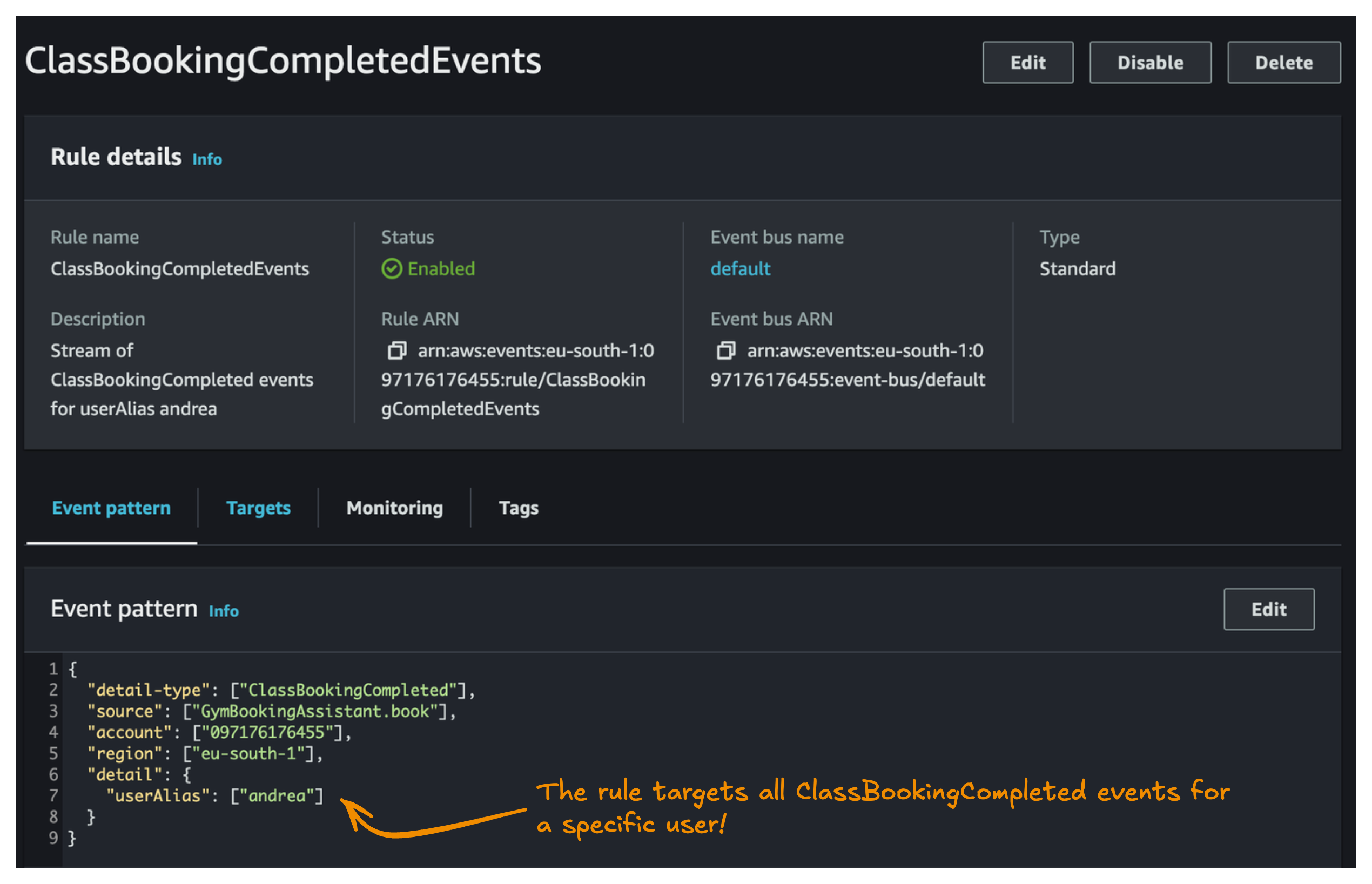 EventBridge rule for ClassBookingCompleted events for the user andrea